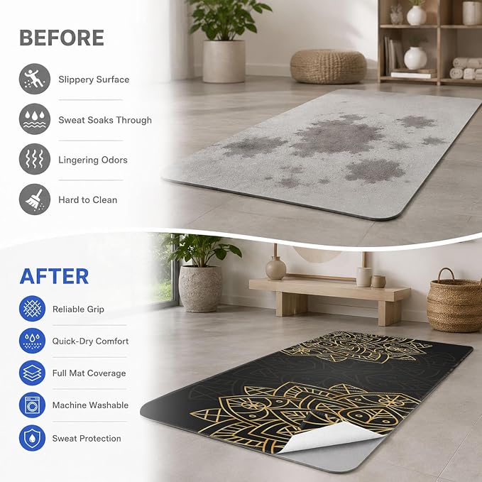 Yoga Mat Towel, Hot Yoga Non Slip with 4 Corner Pockets, 74 x 26 in | Soft Absorbent Microfiber With Four Corner Pockets, Fits Over Yoga Mats For Hot Yoga, Pilates, Gym, And Travel