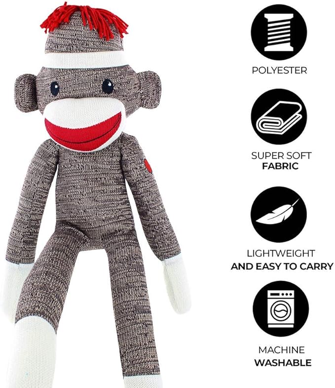 Plushland Adorable Sock Monkey, The Original Traditional Hand Knitted Stuffed Animal Toy Gift-for Kids, Babies, Teens, Girls and Boys Baby Doll Present Puppet 20 Inches (New Brown)