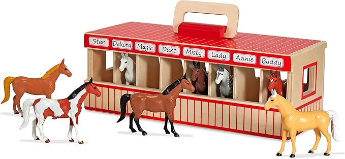 Melissa & Doug Take-Along Show-Horse Stable Play Set– Pretend Play Wooden Barn Toy with 8 Horse Toys & Carrying Case, Portable Preschool Travel Toys for Kids Ages 3+