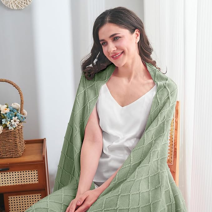 inhand Basil Green Knitted Throw Blanket for Couch and Bed, 50"x60" | Throws for Her or Him, Soft Farmhouse Woven Blanket, Tassel, Lightweight Decorative, Cozy Knit, Warm Living Room Home Decor