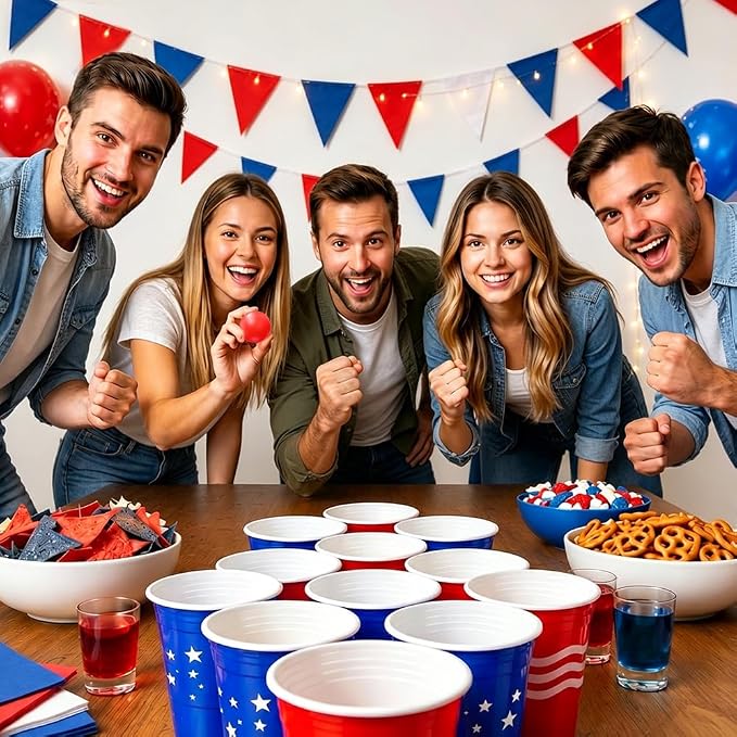 60 Pieces 4th of July Cup Pong Game Set 16 oz Red & Blue Patriotic Plastic Cups with 10 Red & Blue Balls for Independence Day Party Games, Backyard BBQ, Patriotic Decorations & Supplies