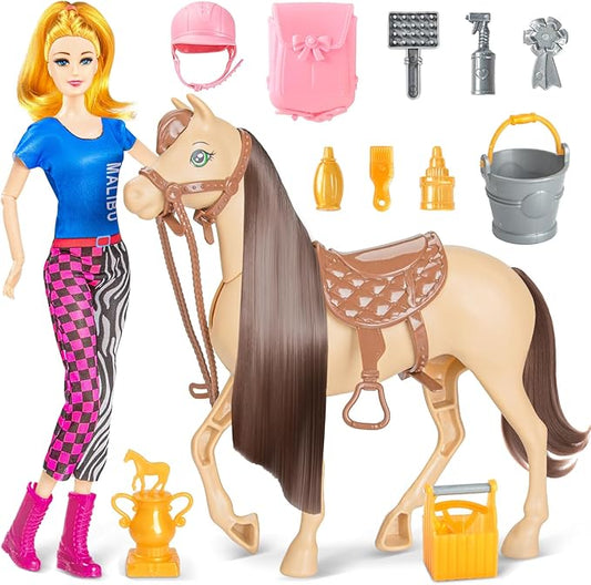 60 PCS Doll Horse Set Toy, Fashion Blonde Doll(11.5 Inch) in Riding Helemt Doll Accessories & Light Brown Horse with Moveable Head, Saddle, Bridle and Reins, for Ages 3 Years Old & Up
