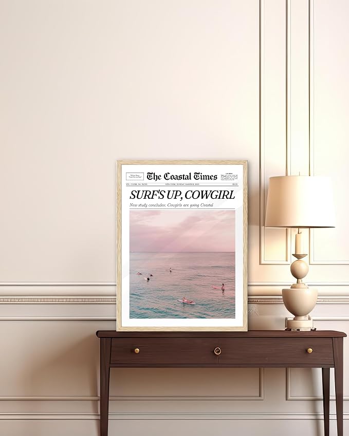 iHery 12x16in Surf’s Up Cowgirl Unframed Newspaper Wall Art | Unframed Canvas Print, Coastal Cowgirl Poster Decor for Bedroom 1Pack