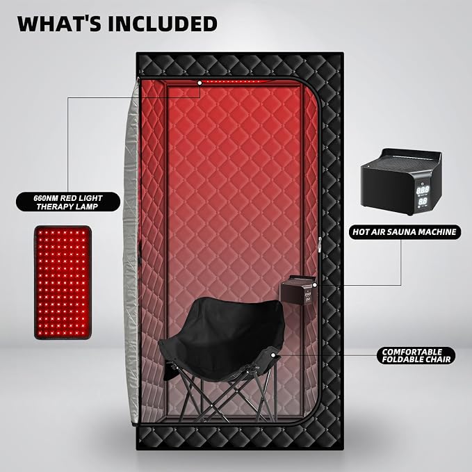 Gollense Portable Dry Sauna with Red Light for Home One Person | 660nm Infrared Red Light Therapy, Hot Air Machine, 6ft-tall 3-Layer Sauna Box, Foldable Chair, for Apartment after Workout