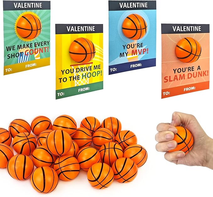Basketball Valentines Day Cards Gifts for Kids School,24 Pack Mini Foam Sports Basketball Toys W/ Exchange Cards for Toddlers,Valentine Party Favors Goody Bag Stuffers Classroom Treats for Boys Girls