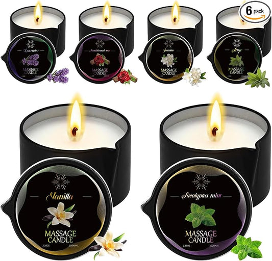 6 Pack Massage Candle Set, Low Temp Scented Massage Oil Candles, Soy & Coconut Oil Based Candles for Home Spa Relaxation