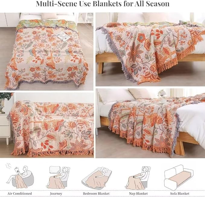 Boho Throw Blanket for Bed 100% Cotton Bohemian Blankets Ultra Soft Woven Muslin Decorative Blankets All Seasons Vintage Quilt Knitted Blanket for Sofa Chair(Orange, 60"x80")