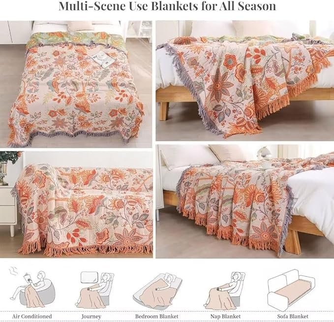 Boho Throw Blanket for Bed 100% Cotton Bohemian Blankets Ultra Soft Woven Muslin Decorative Blankets All Seasons Vintage Quilt Knitted Blanket for Sofa Chair(Orange, 80"x90")