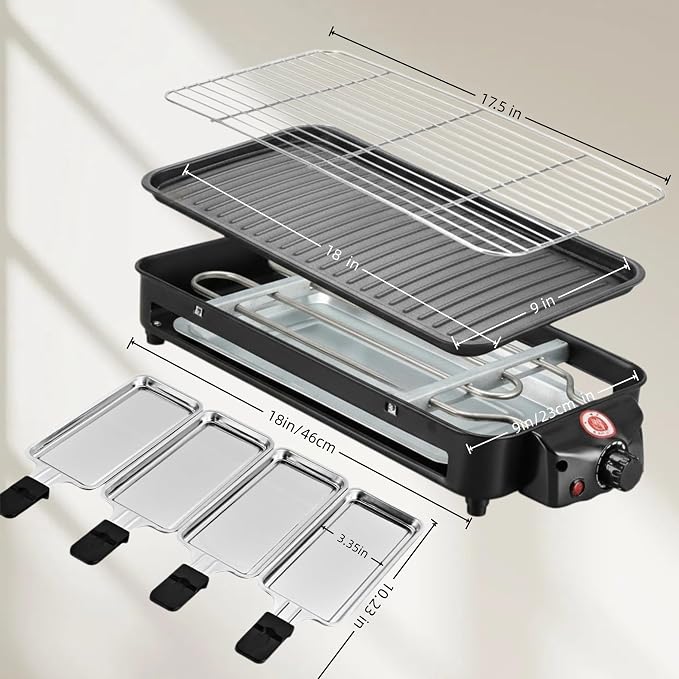 Electric Indoor Grill, 3 in 1 Smokeless Indoor Grills with Non-stick Removable Grill & Griddle Plate, Portable Korean BBQ Grills with 4 Cheese Pans, Adjustable Temperature Control, 1500W (Black)
