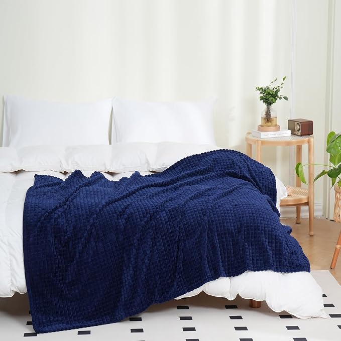 Puncuntex Fleece Throw Blanket Navy Blue 60"×80" with Square Grid Design | Super Soft Plush Cozy Flannel Throw Blanket Luxury for Couch Sofa Chair