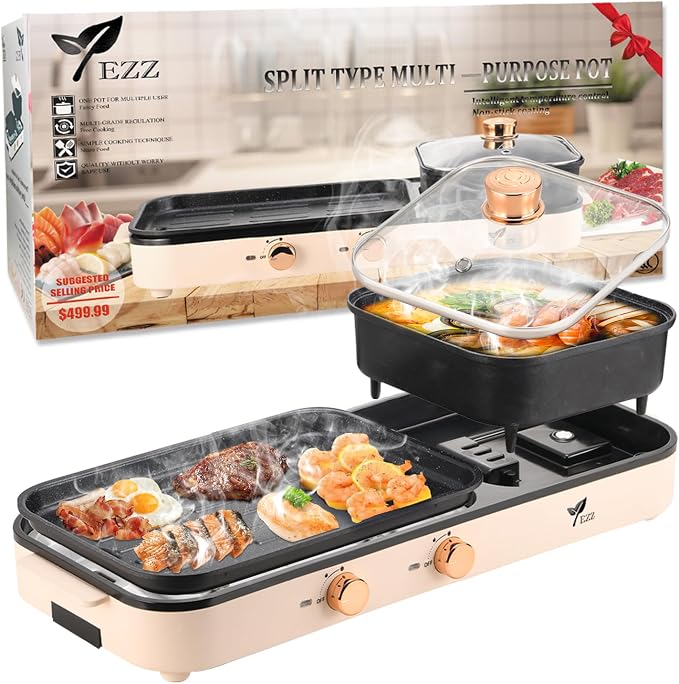 2026 Electric Hot Pot with Grill,2-10 People Indoor Hot Pot 2 in 1 Multi-function Smokeless Shabu-Shabu Hotpot Korean BBQ Grill for Simmer,Separate Dual Temperature Contral