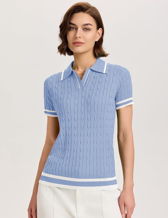 Micoson Womens Short Sleeve Sweater Tops Lapel V Neck Polo Shirts 2026 | Summer Cable Knit Loose Blouses, Business Casual Outfits