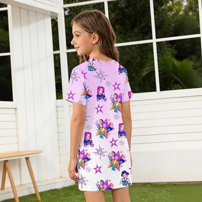 Girl's Anime K-POP Graphic Long Dress T-Shirt - Casual Loose Fit Short Sleeve Top