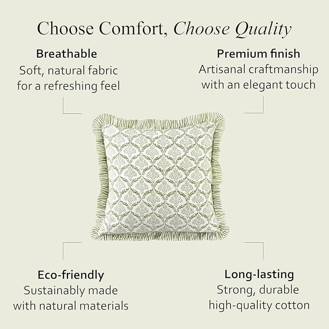CPC Fern Regal Hand Block Print 100% Cotton Ruffle Throw Pillow Cover 20x20 inch with Hidden Zipper Decorative for Couch, Bed, Sofa, Farmhouse, Cottagecore Decor Gift Christmas Fall Thanksgiving