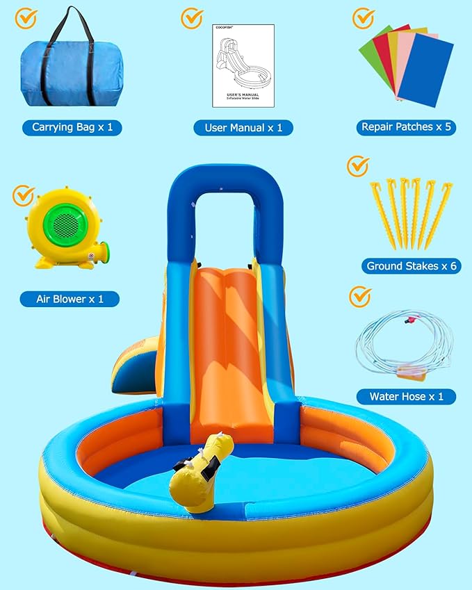 Inflatable Water Slide for Kids – 5-in-1 Blow Up Bounce House with Long Slide, Climbing Wall, Splash Pool, Water Cannon, Spray Water Spout – Backyard Toddler Water Park with 370W Blower & Storage Bag