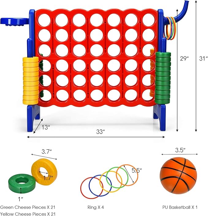 DORTALA Giant 4-in-A-Row, Plastic Jumbo Connect Game Set w/42 Jumbo Rings, Quick-Release Slider, Ring Toss, 2.5Ft Indoor Outdoor 4 to Score Yard Game w/Basketball Hoop