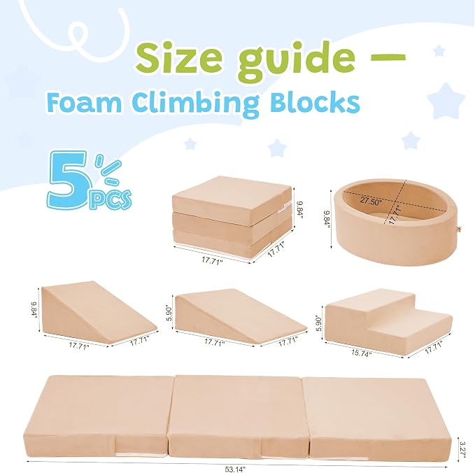 Elftopia Foam Climbing Blocks with Ball Pit & Stairs for Toddlers Aged 1-3 -Soft Playset for Indoor Crawling, Foam Playground Set for Baby to Active Playing Inside -(Balls NOT Included),Beige