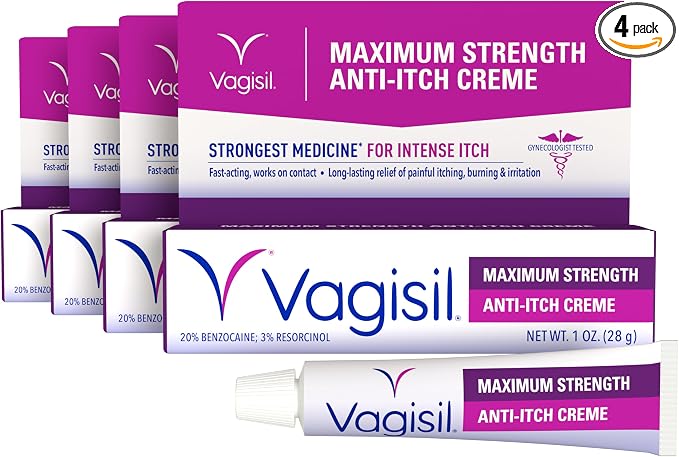 Vagisil Maximum Strength Feminine Anti-Itch Cream with Benzocaine for Women, Helps Relieve Yeast Infection Irritation, Gynecologist Tested, Fast-acting, Soothes and Cools Skin, 1 oz (Pack of 4)