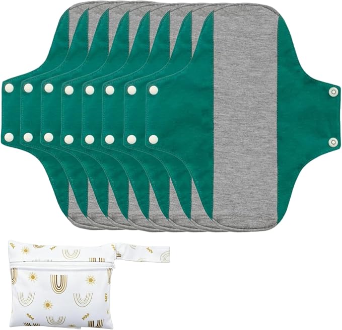 Washable Menstrual Pads,Graphene Cotton Cloth Reusable Incontinence Pads,Sanitary Napkins,with 1 Storage Bag,Panty Liners Pads,Period for Woman Postpartum/Incontinence(Dark Green/L/8pcs)