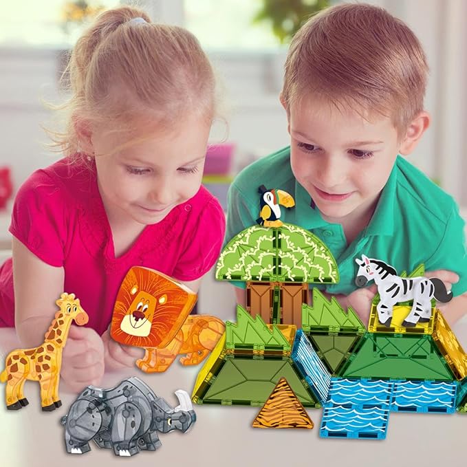 Magnetic Tiles Set Grassland Animals Theme Toys, Magnet Tiles Building Blocks Toys for Kids Ages 3+