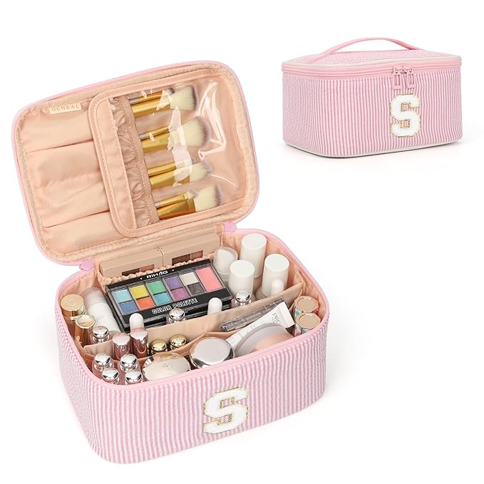 OCHEAL Makeup Bag Valentines Day Gifts for Women, Monogram Cosmetic Bag Pink Travel Makeup Case Beauty Toiletry Bag Organizer Personalized Gifts for Girls Bridesmaid, Sister, Wife, Friends Initial S