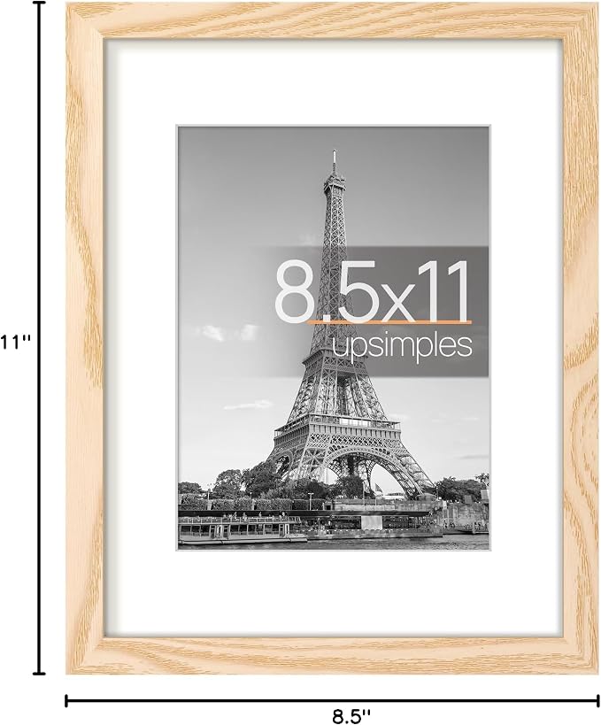 upsimples 8.5 By 11 Picture Frame, Display Pictures 6x8 with Mat or 8.5 x 11 Without, Wall Hanging Photo Frames, Natural Style, 1 Pack