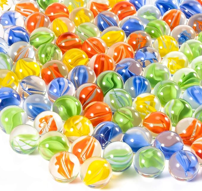 Sukh Glass Marbles - Bulk 100Pcs Cat Eye Mix 4 Colors Medium Sized Thick Marble Decorative Gift Retro Game with 14mm and 16mm for Bounce,Chinese Checkers Board Game,Vases,Party Decor