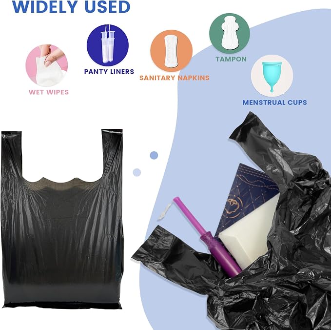 Personal Disposal Sanitary Napkin Bags, Black Little Waste Bags, 300 Pack, Disposable Plastic Trash Bags with Handles for Feminine Tampons Hygiene Products