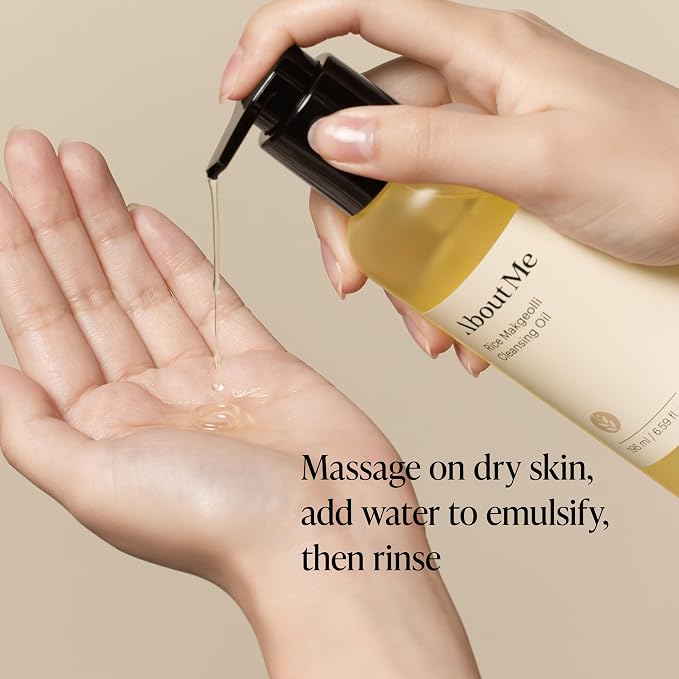 About Me Korean Rice Cleansing Oil with Makgeolli Ferments, 6.59 fl oz | Tested to Remove 99.4% of Sunscreen Residue, 10,000 ppm Rice Bran Oil, 4-Part Ferments, Milky Rinse, No Synthetic Fragrance