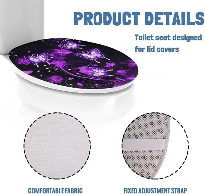 Purple Butterfly Toilet Seat Cover Elongated for Bathroom Neon Butterfly Oval Toilet Seat Cover with Elastic Band Bathroom Butterflies Dust Cover Replacement,Easy to Clean