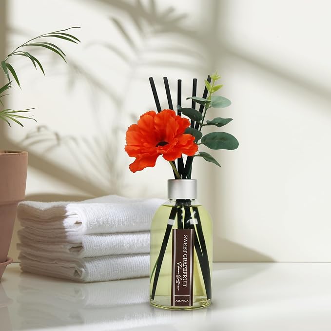 Aronica Grapefruit Reed Diffuser, Room Scent Diffuser with Red Flower, Difusor De Varillas, Aesthetic Room Decor, Apartment House Bathroom Essentials, Air Fresheners for Home Long Lasting