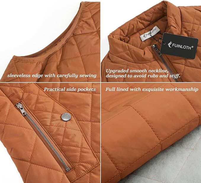 Fuinloth Women's Quilted Vest Lightweight Puffer Stand Collar Zip Gilet | 4 pockets with 2 inner storage. Quilted padded warm gilet. Fall winter outerwear layering vest for travel hiking daily wear.