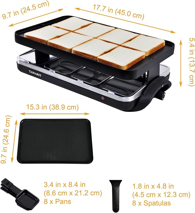 TAMARIT Classic 8 Person Raclette Grill 1500W Electric Tabletop Griddle with Reversible Plate, 8 Non-Stick Cheese Trays and Spatulas Indoor Portable Korean BBQ Barbecue Party Grill Black