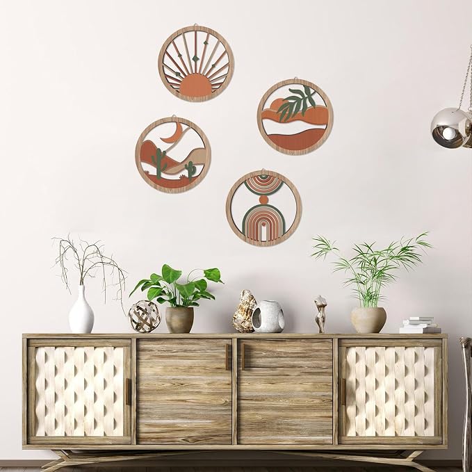 HPNIUB 4 Pcs Boho Wall Art Decor, Bohemian Geometric Hanging Wood Sign for Living Room, Aesthetic Abstract Desert Cactus, Minimalist Farmhouse Botanical Wooden Plaque for Apartment Bedroom(10''x10'')