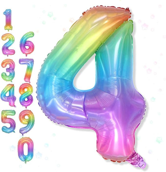 Foil 4 Balloon, Rainbow Number 4 Balloons for Kids Birthday Party Decor, 40'' Mylar Helium Self Inflating Multicolor Colorful Number Four Balloon for Girls 4th Birthday Party Anniversary Decorations