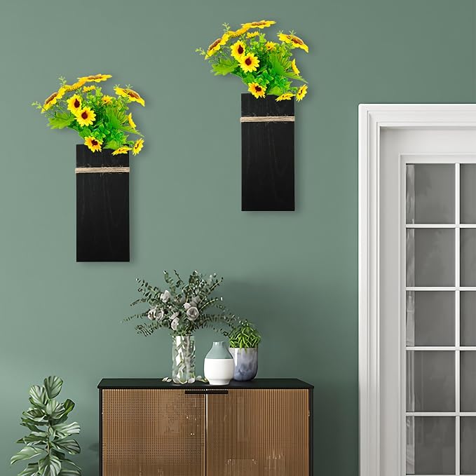 Wall Planters for Indoor Plants-2 Pack Wood Wall Vases for Dried Flowers & Artificial Plants Modern Farmhouse Wooden Vase for Living Room Bedroom Kitchen Decorations - Black Large