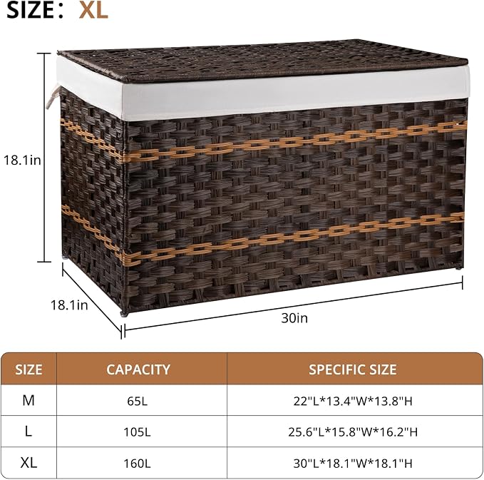 OIAHOMY Storage Basket with Lid, 42.3 Gallon (160L) Blanket Basket with Removable Liner Bag, Synthetic Wicker Hamper with Handle, Hamper for Living Room, Brown