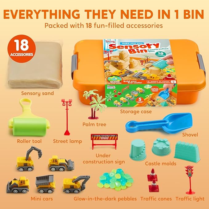 JOVA Klever Kits Construction Sensory Bin for Toddlers with Glow in The Dark Stones, Sandbox with Lid Castle Building kit, Preschool Learning Activities Gifts for Boys Girls Age 3+