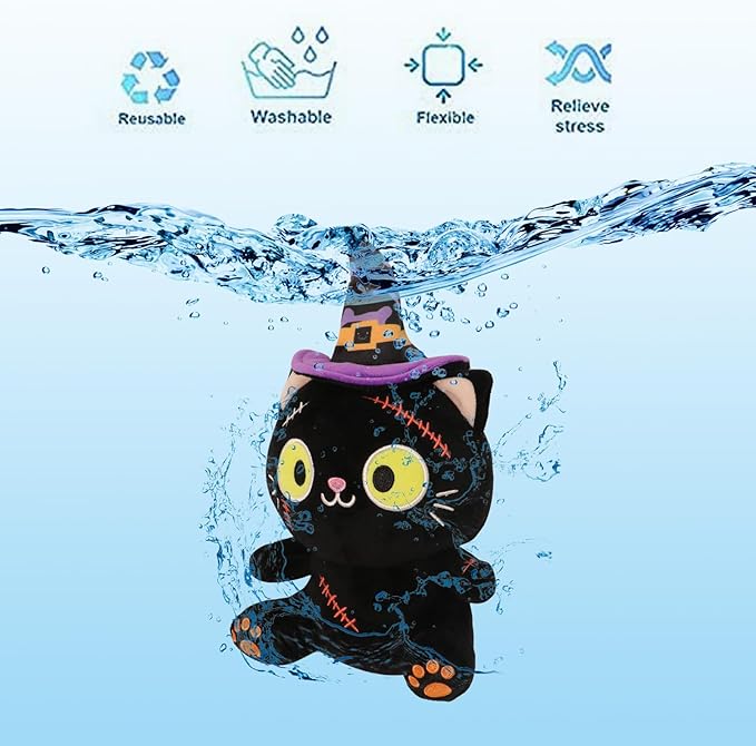 Halloween Plush Toy, Black Cat Stuffed Animal Plush Pillow, with Hat & Stitched Wound Halloween Plushies Toys for Adults and Kids, Birthday Party Favor Home Decor