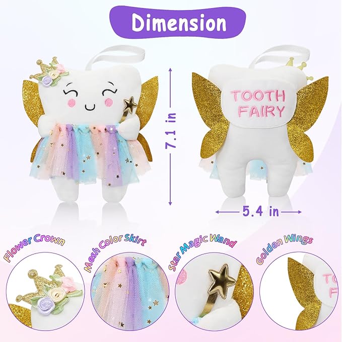 Tooth Fairy Pillow with Shiny Wings Embroidered Tooth Fairy Doll with Pocket Crystal Velvet Tooth Fairy Souvenir Boy Girl Gift (White) (Second Edition)