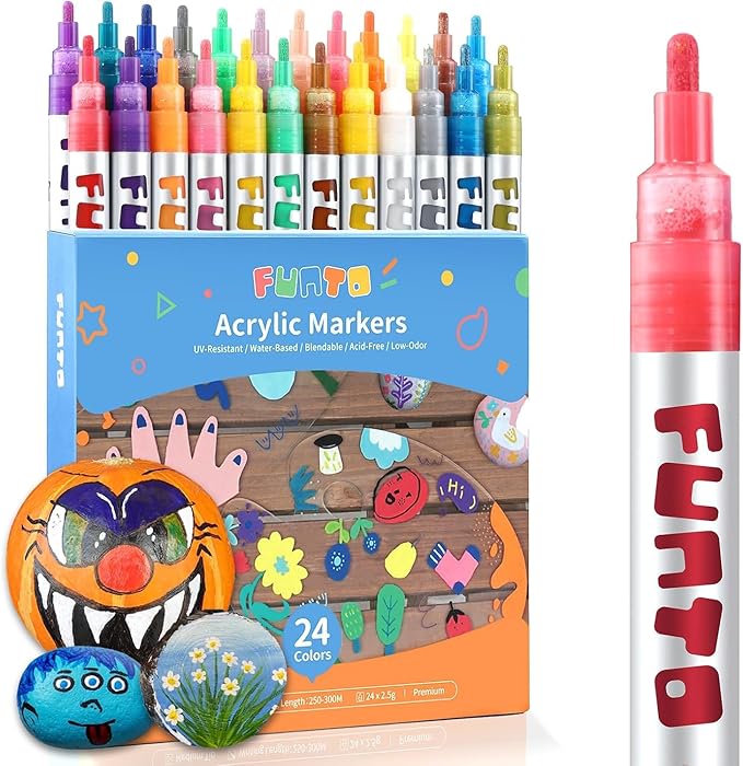 Funto Acrylic Paint Pens for Rock Painting, Fabric, Wood, Canvas, Metal, Ceramic, Glass, 24 Colors Paint Marker Set, Non-Toxic, Quick Drying