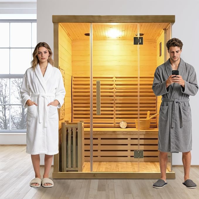 Smartmak Wood Home Traditional Steam Sauna, Wifi Control 3 Person Luxurious Indoor Canadian Hemlock Wooden Spa Room, with 4.5 kw Heater, Backrest, Bluetooth Speaker, Rocks, Water Bucket, Spoon, Lights