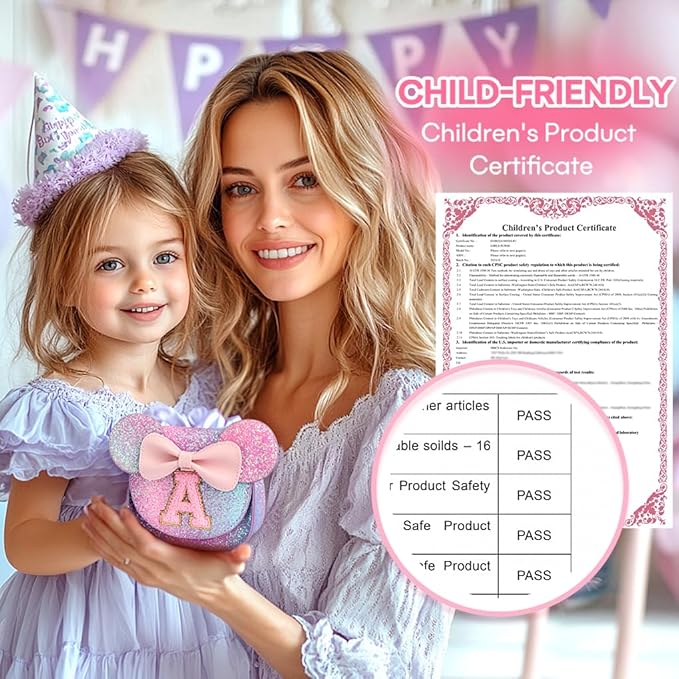 mibasies Toddler Purse Girl Gifts: Girls Birthday Gifts for 3-8 - Toys for Ages 2-4 Girls Mouse Ears Purse, Purple Rainbow, Letter E