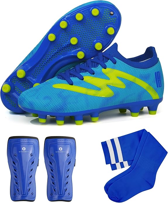 brooman Kids Firm Ground Soccer Cleats Boys Girls Football Shoes with Shin Guards and Soccer Socks