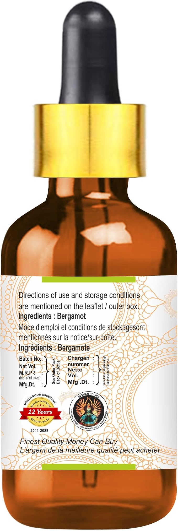 Greenwood Essential Pure Bergamot Essential Oil (Citrus bergamia) with Glass Dropper Steam Distilled (Pack of Two) 100ml X 2 (6.76 oz)