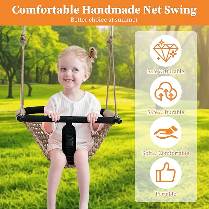 Kids Swing Seats Indoor Hand-Made Net Swing with Adjustable Rope Tree Swings for Kid Child Backyard Playground Swings Outside Indoor (Khaki)