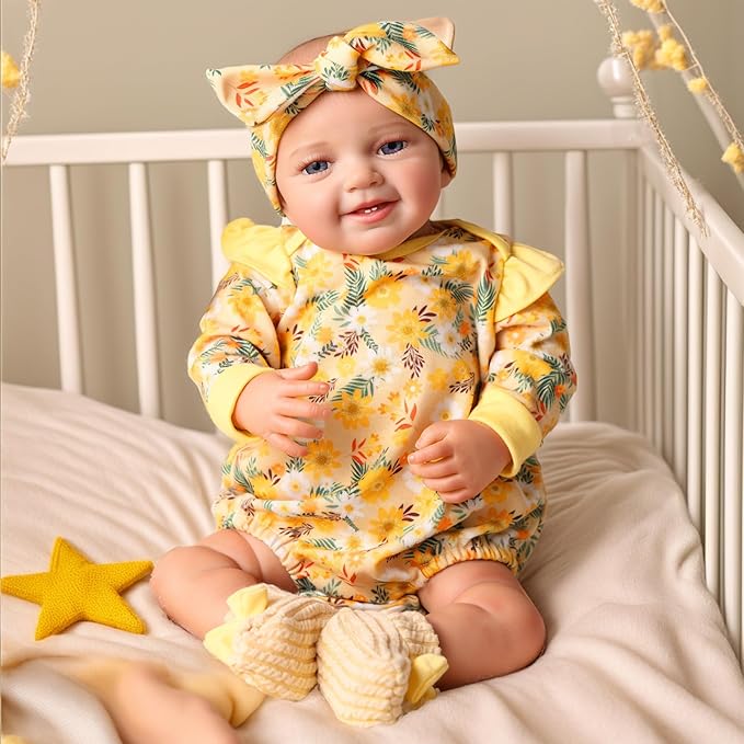 BABESIDE 3 Pcs Reborn Baby Doll Clothes for 17-22 Inch Babydolls, Floral Pattern Doll Clothes Onesies with Shoes and Headband for Lifelike Reborn Baby Dolls Accessories, Yellow