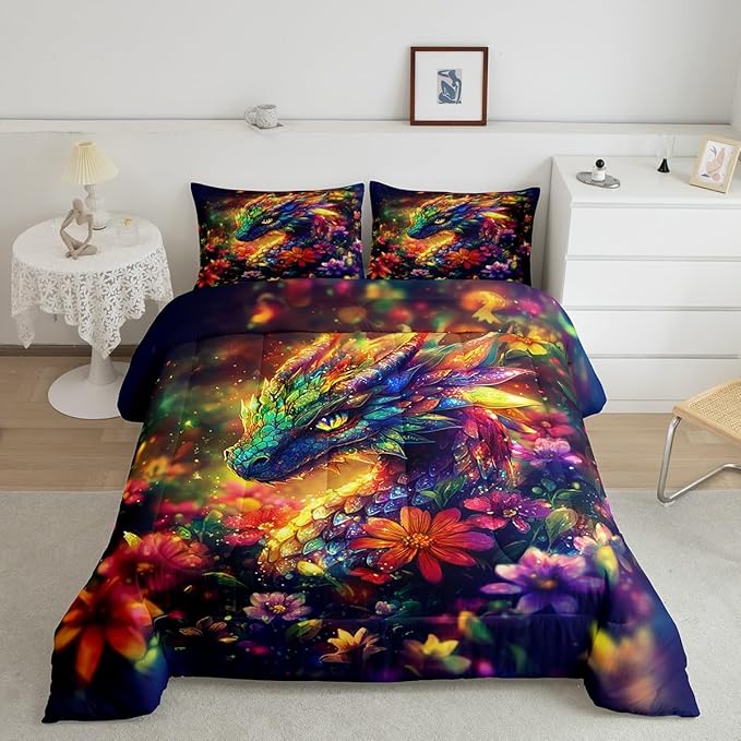 Feelyou Dragon Comforter Set Toddler Size Shiny Dragon Comforter for Boys Girls Teens Wild Life Bedding Set Dragon Decor Duvet Set Room Decor Muticolor Quilt Set
