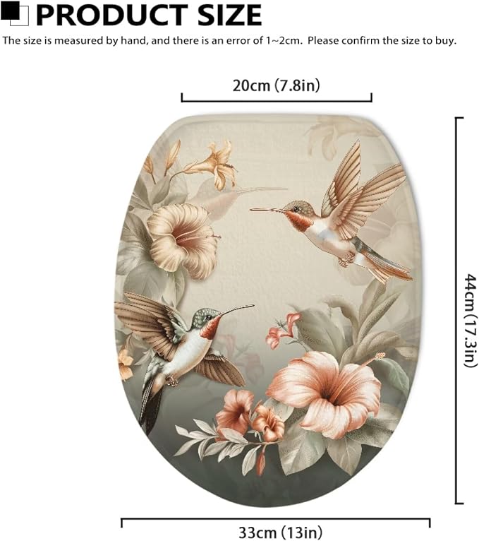 Hummingbird Toilet Lid Cover, Flannel Machine Washable Toilet Seat Cover, Comfortable, Soft and Dustproof Toilet Lid Cover