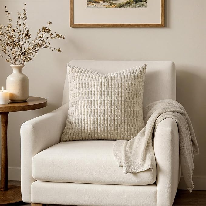 MIULEE Corduroy Decorative Throw Pillow Covers 18x18 Cream White Pack of 2 | Soft Boho Striped Pillow Covers Modern Farmhouse Home Decor For Sofa Living Room Couch Bed